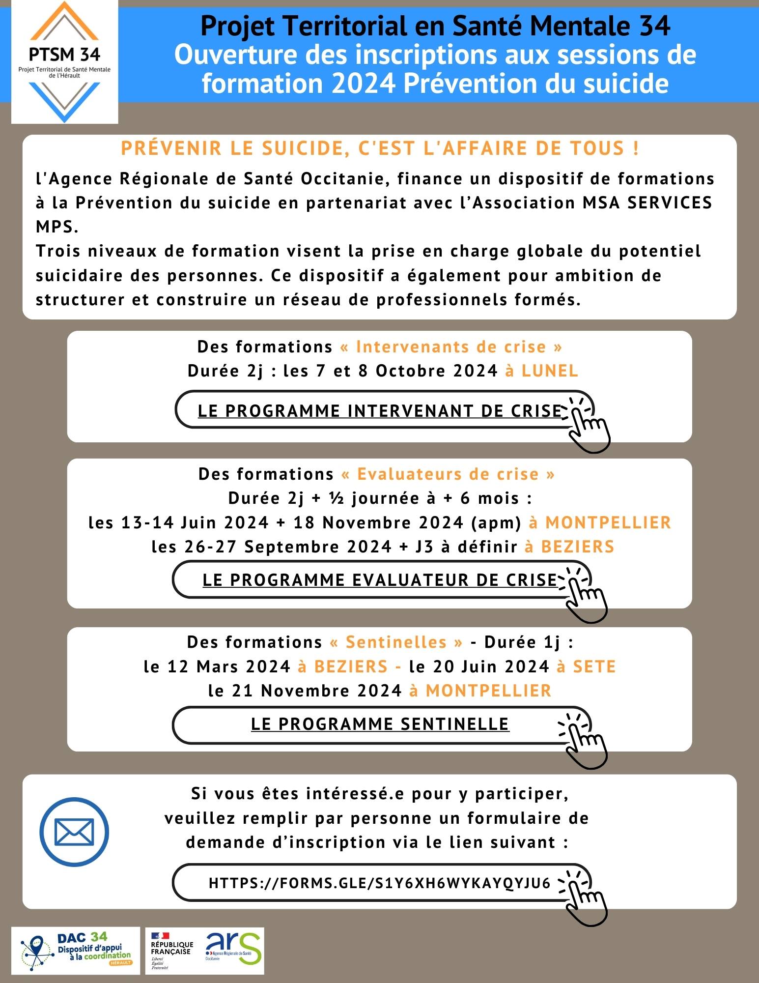 Projet Territorial en Santé Mentale 34 Ouverture des inscriptions aux sessions de formation 2024 Prévention du suicide